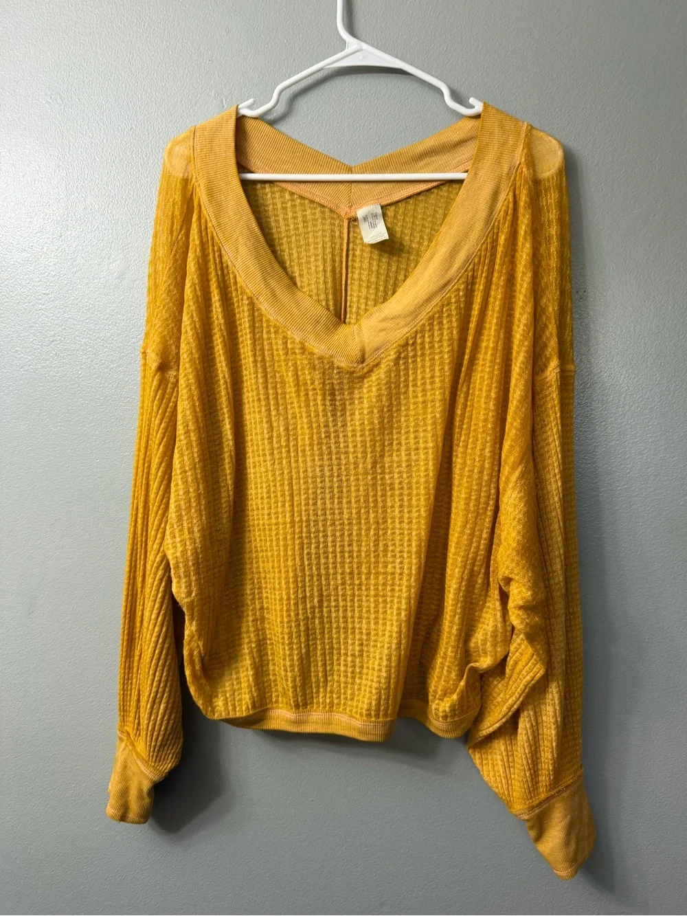 We The Free Mustard Yellow Waffle Knit Deep V-neck Loose Long Sleeve Top small